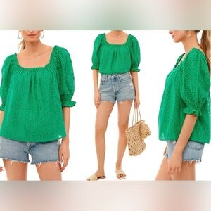 Pomander Place Tuckernuck Eyelet Iris Blouse Size L Kelly Green Puff Sleeves